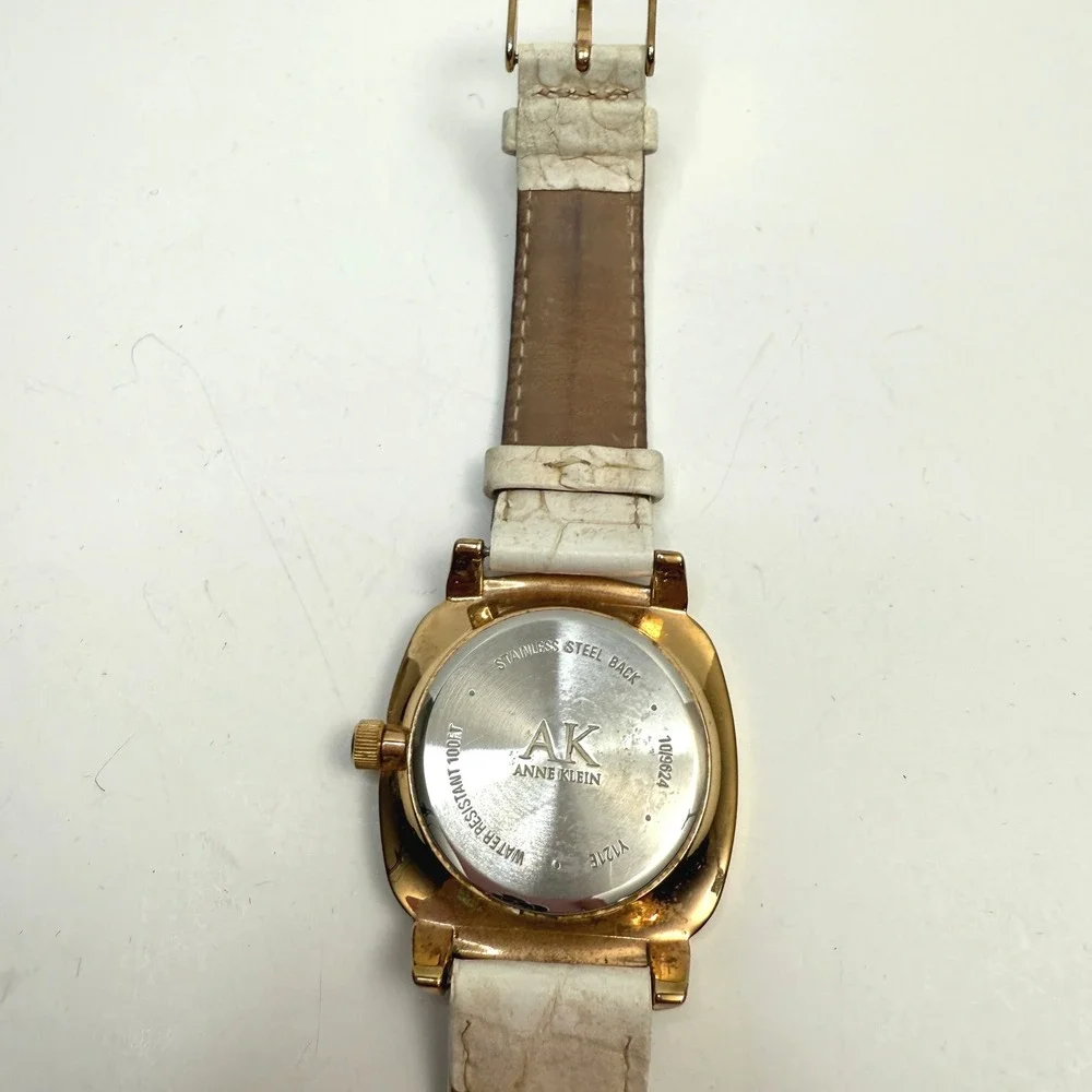 Anne Klein Quartz Watch Gold Tone White Dial Faux Croc Band Rhinestone Accents